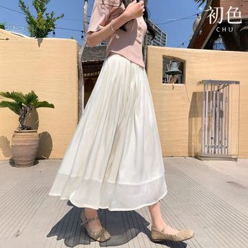 初色 純色流光高腰垂感網紗層次鬆緊腰半身裙-共6色-13304(M-XL可選/現貨+預購)