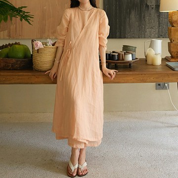 【巴黎精品】現貨+預購 女洋裝連身長裙大尺碼長裙連衣裙A字裙休閒大碼女裝-長袖苧麻寬鬆綁帶女裙子a1gq21