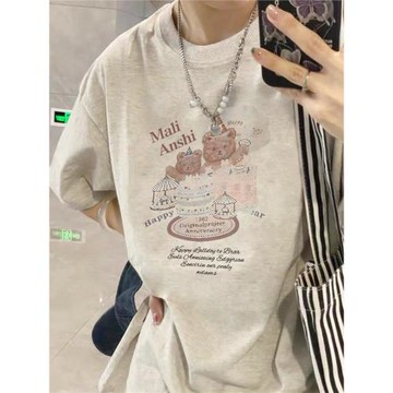 純棉美式復古生日小熊正肩短袖t恤女2025新款夏季高級感半袖上衣