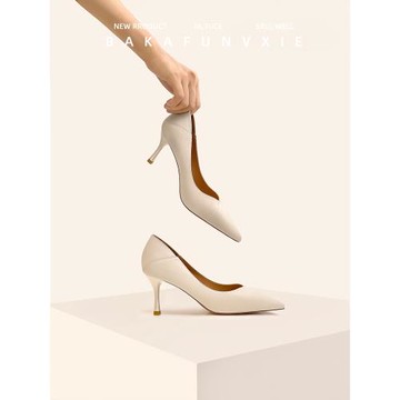 2025春季新款百搭尖頭淺口羊皮軟底氣質高跟鞋女細跟黑色通勤單鞋