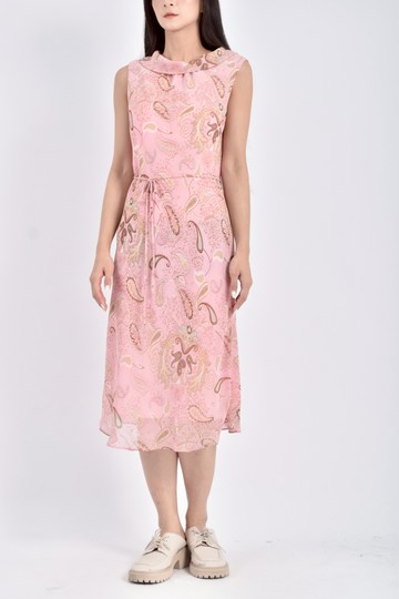 (S) 無袖花紋粉色綁帶洋裝