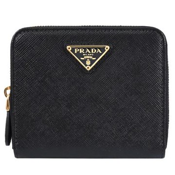 PRADA 金屬三角LOGO防刮皮革零錢短夾(黑)