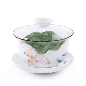 陶生活手繪影青陶瓷蓋碗青花瓷泡茶碗三才碗杯功夫敬茶碗茶杯茶具1入