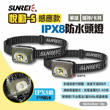 【SUNREI】山力士 悦動-S感應款IPX8防水頭燈 兩色 徒步越野頭燈 照明燈 隨身燈 手電筒 照明 露營 悠遊戶外