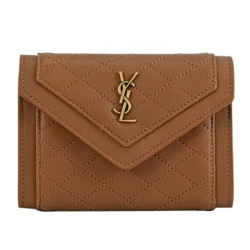 YSL 734912 經典LOGO菱格縫線羊皮扣式卡片零錢包.咖