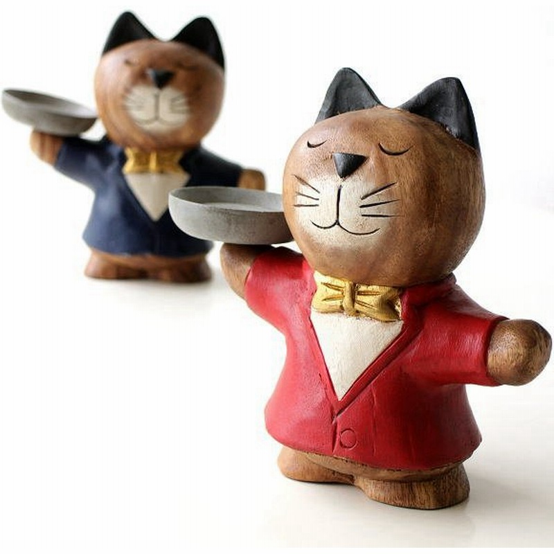 猫 ネコ ねこ 置物 置き物 オブジェ 木彫り おしゃれ かわいい 可愛い 雑貨 木彫りの置物 ウェイターネコ2カラー 通販 Lineポイント最大get Lineショッピング