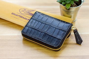 手工黑色啞面鱷魚皮革拉鏈散紙銀包