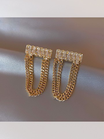 矩形鋯石耳環女ins小眾設計鏈條長款耳釘時尚港風網紅925銀針耳飾