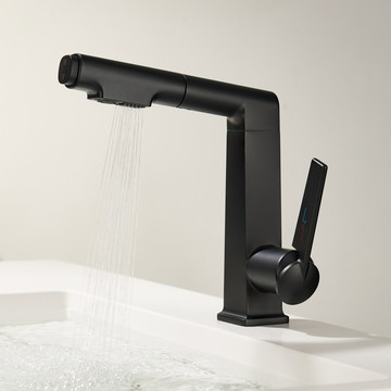 德國品質黑色面盆水龍頭冷熱全銅抽拉式帶升降旋轉洗臉漱口臺下盆{鑫弘-工葉電器}可開發票