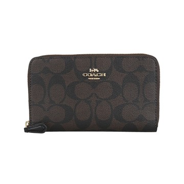 COACH  經典電鍍金字LOGO塗層帆布8卡拉鏈ㄇ型中夾(棕x黑)