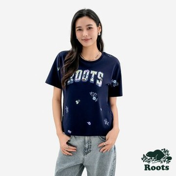 Roots 女裝- FLORAL ROOTS ARCH 短袖上衣-靛青色