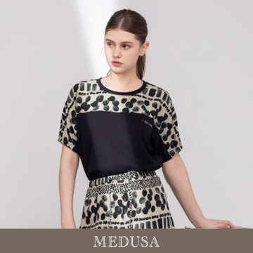 現貨【MEDUSA 曼度莎】點點水墨印花拼接短袖上衣（M-XL）｜印花上衣 拼接上衣 休閒上衣