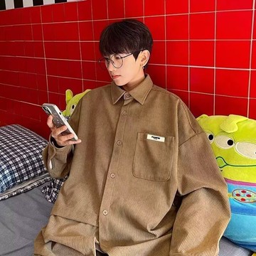 日系新款復古做舊長袖襯衫男秋季簡約單排扣休閒襯衫男