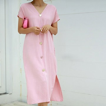 ANNAS 正韓 愛心 金屬釦 洋裝 棉麻 短袖 長裙 長洋裝 V領 排扣 名媛 貴婦 氣質 婚禮穿搭 顯瘦 腰身 韓國