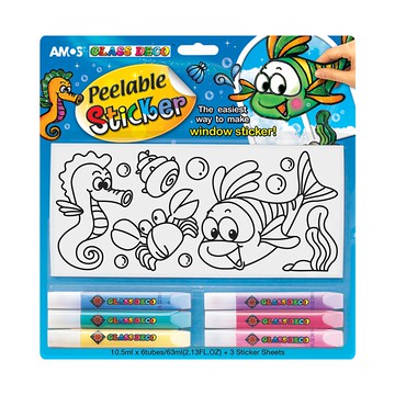 AMOS 阿摩司 兒童彩繪玻璃貼組 附6色玻璃彩繪筆及3張貼紙 簡單創作專屬海洋世界  海底世界款 多色  1組