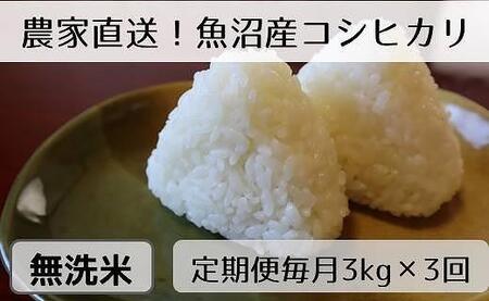 無洗米3kg　新潟県魚沼産コシヒカリ「山清水米」