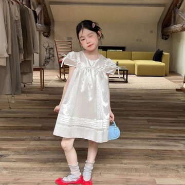 mori🎀mori中大兒童夏裝裙子新款夏季公主女童飛袖亮白色禮服連衣裙