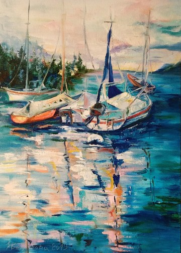 日落遊艇海景原畫明亮海上牆藝術水景