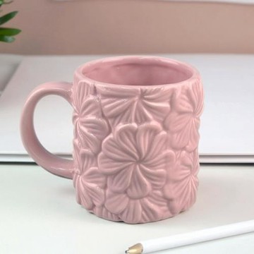 創意高顏值精致嫩粉色浮雕花朵陶瓷馬克杯少女春意家用咖啡杯喝水