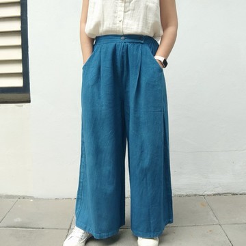 Safiya Pants Indigo - 前拉链装饰木质纽扣阔腿裤