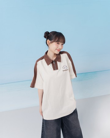 Tombonia 狗狗刺繡POLO領配色拼接寬版上衣
