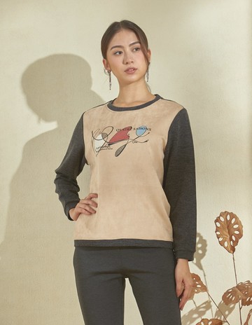 ★【喜芝梅】輕柔浮線 抽象圖案法語印花含羊毛長袖上衣(三色；F) 224990145