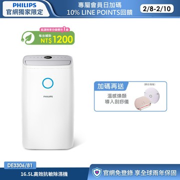 ★節能補助$1200★飛利浦16.5L高效抗敏除濕機(DE3306/81)-適用20坪