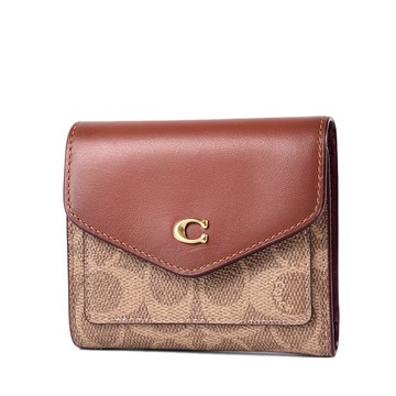 COACH 專櫃款 經典緹花LOGO防刮三折信封短夾-卡其色