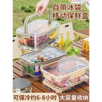 手提雙層保鮮盒雜糧蔬菜冰箱可用便當盒戶外野餐藍零食水果收納盒