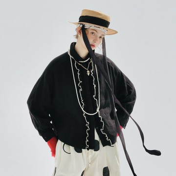 黑色亞麻前後開花邊襯衫