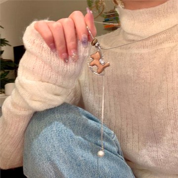 閃鋯咖色木馬吊墜可抽拉項鏈女小眾設計長款頸鏈高級感毛衣鏈配飾