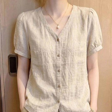 【雅韻衣櫥】法式通勤輕薄顯瘦V領棉麻小衫2026夏季新款女裝氣質減齡短袖上衣