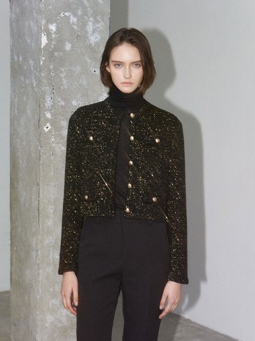 Cropped Glitter Cashmere-Wool Cardigan [Black]
