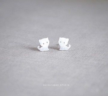 貓銀耳環，貓銀耳環，925純銀耳環