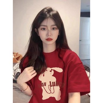【🍒櫻桃大尺碼】M-5XL大尺碼夏季純棉短袖t恤女寬鬆小兔子印花設計感2024新款韓版卡通圓領T恤