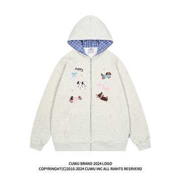 (免運)cuwu美式小狗刺繡格子連帽衛衣女春秋新款韓系慵懶風chic開衫外套