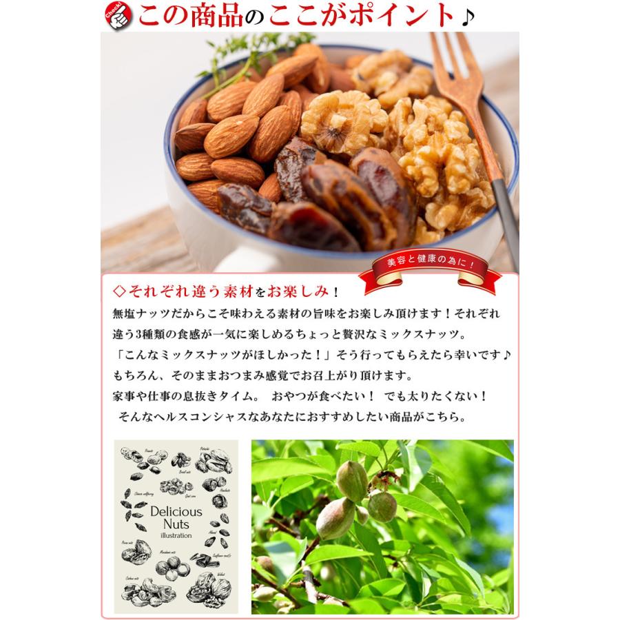 ミックスナッツ 3種類 （ クルミ アーモンド デーツ ）1kg（500g×2個） 無添加 砂糖不使用 無塩 無着色 ドライフルーツ 栄養価の高い各種ナッツを厳選