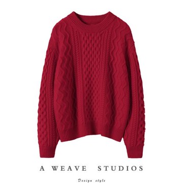 那么暖！那么潮！本命年紅色絞花圓領羊絨衫女加厚純羊絨毛衣寬松