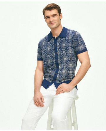 Brooks Brothers Men's Cotton Polo Cardigan In Batik-Inspired Block Print | Navy | Size XS