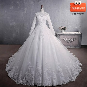 【大碼新娘福音】穆斯林婚紗 歐美婚紗 新娘婚紗 大拖尾婚紗 蕾絲婚紗 立領長袖 2025新款 亞馬遜熱銷 端莊優雅 顯瘦遮肉