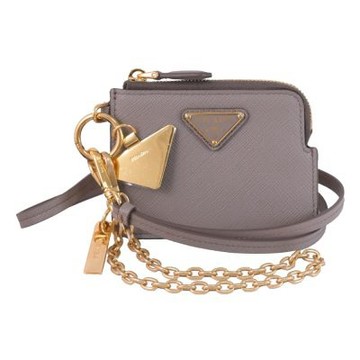 PRADA 金屬三角LOGO防刮皮革鍊條頸掛式拉鍊零錢包(灰)