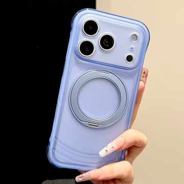 蘋果18Promax手機殼iphone17pro新款淺藍真氣囊防摔半透磨砂360旋轉支架精孔按鍵全包簡約高級保護套