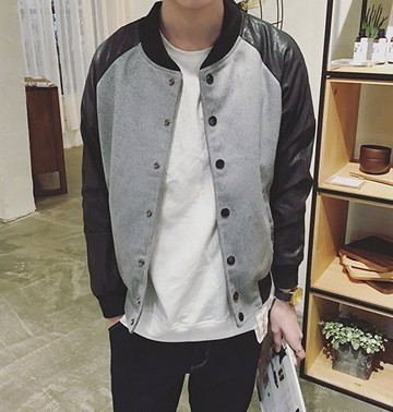 韓國保暖  棒球外套 呢料 皮革 拼接  暗黑 潮流款 質感提升