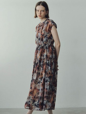 水彩花卉圖案褶皺鬆緊腰短袖洋裝(07000832800) - YECCA VECCA