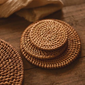 三拾家 日式復古圓形藤編杯墊 越南手工編織隔熱墊碗墊茶壺墊餐墊