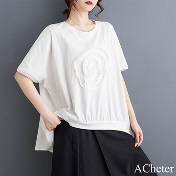 【ACheter】手搖繡花百搭寬鬆型圓領T恤短袖中長版上衣# 122812(現貨+預購)