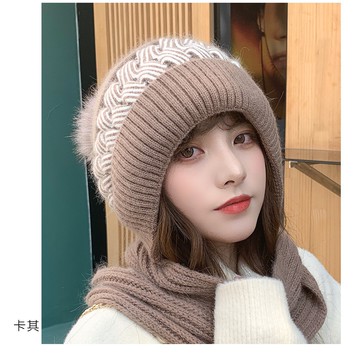 【梨花HaNA】買一送一 贈卡其色同款 一秒小臉 雪花針織毛球帽＋圍脖二合一