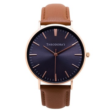 Hera 簡約中性款真皮腕錶 深藍面-真皮橘棕