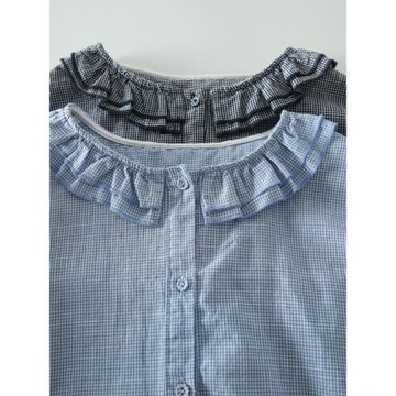 夏季新款甜美森系雙層花邊領純棉格子短袖襯衫女寬松百搭減齡襯衣