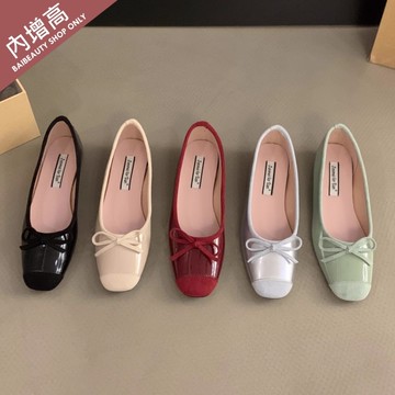 內增高鞋．小香風蝴蝶結拼接絨布方頭平底包鞋．白鳥麗子